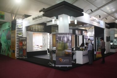 2 sided open exhibition booth for hunterdouglas by woodpeckersglobal