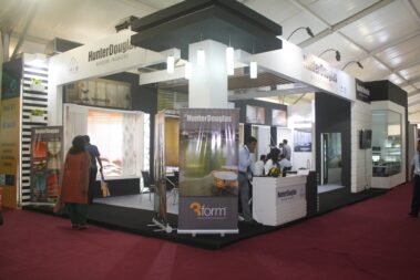 2 sided open exhibition booth for hunterdouglas by woodpeckersglobal