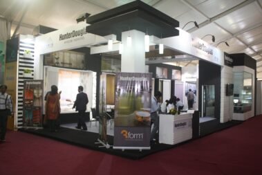 2 sided open exhibition booth for hunterdouglas by woodpeckersglobal