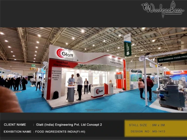 Spacious 9x3 meter custom exhibition booth designed by Woodpeckers for Glatt (India) Engineering at a major food ingredients trade expo.