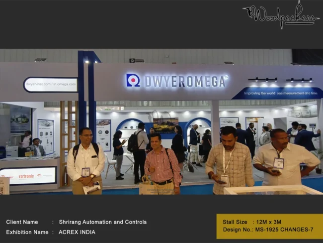 Spacious 12x3 meter custom exhibition booth designed by Woodpeckers for Shrirang Automation and Controls (DwyerOmega) at ACREX India trade show.